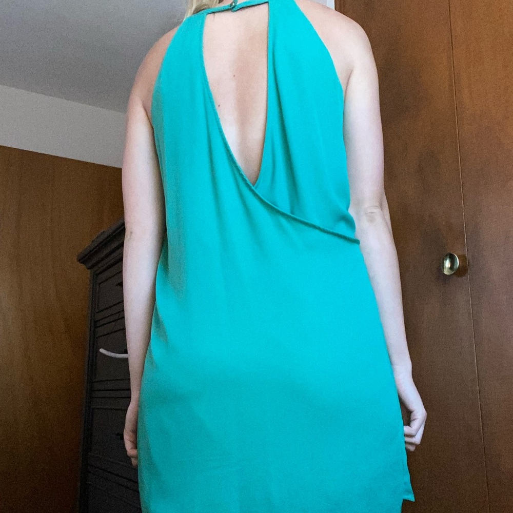 Blue backless dress with high neck